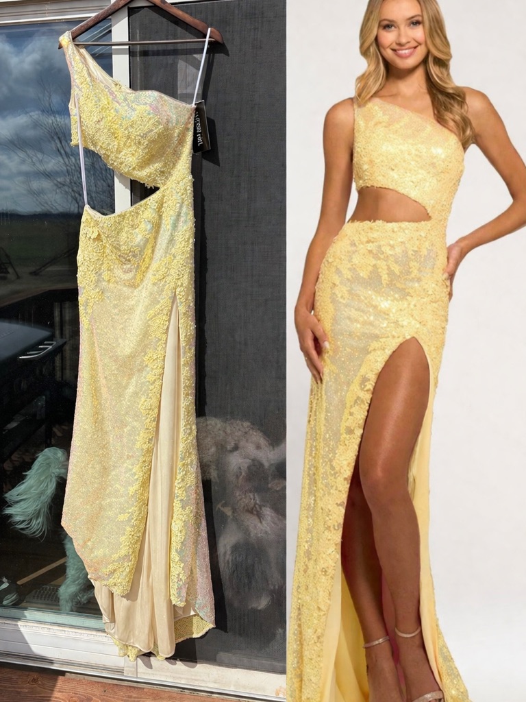 Sherri Hill Iridescent Yellow One-Shoulder Cutout Prom Gown